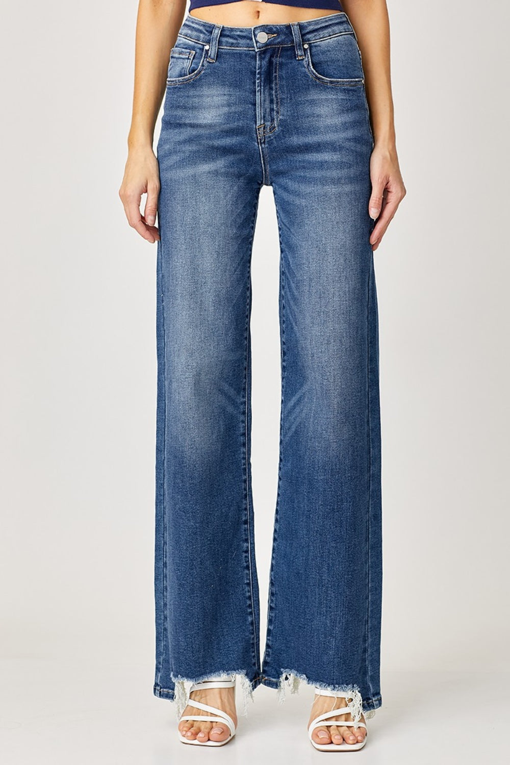 Risen Full Size High Rise Frayed Hem Wide Leg Jeans