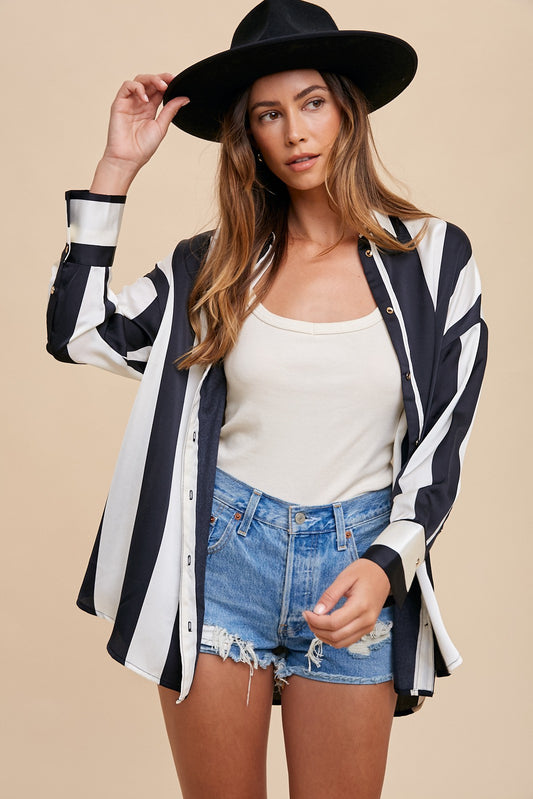 Annie Wear Striped Dropped Shoulder Button Up Shirt