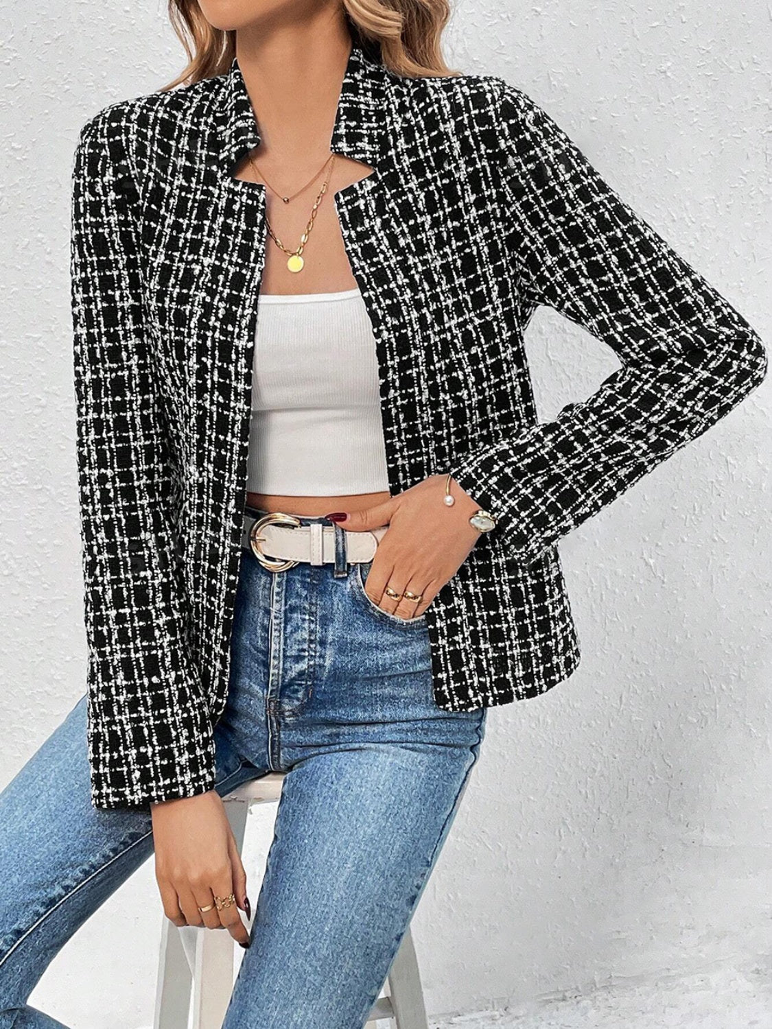 Plaid Open Front Long Sleeve Jacket