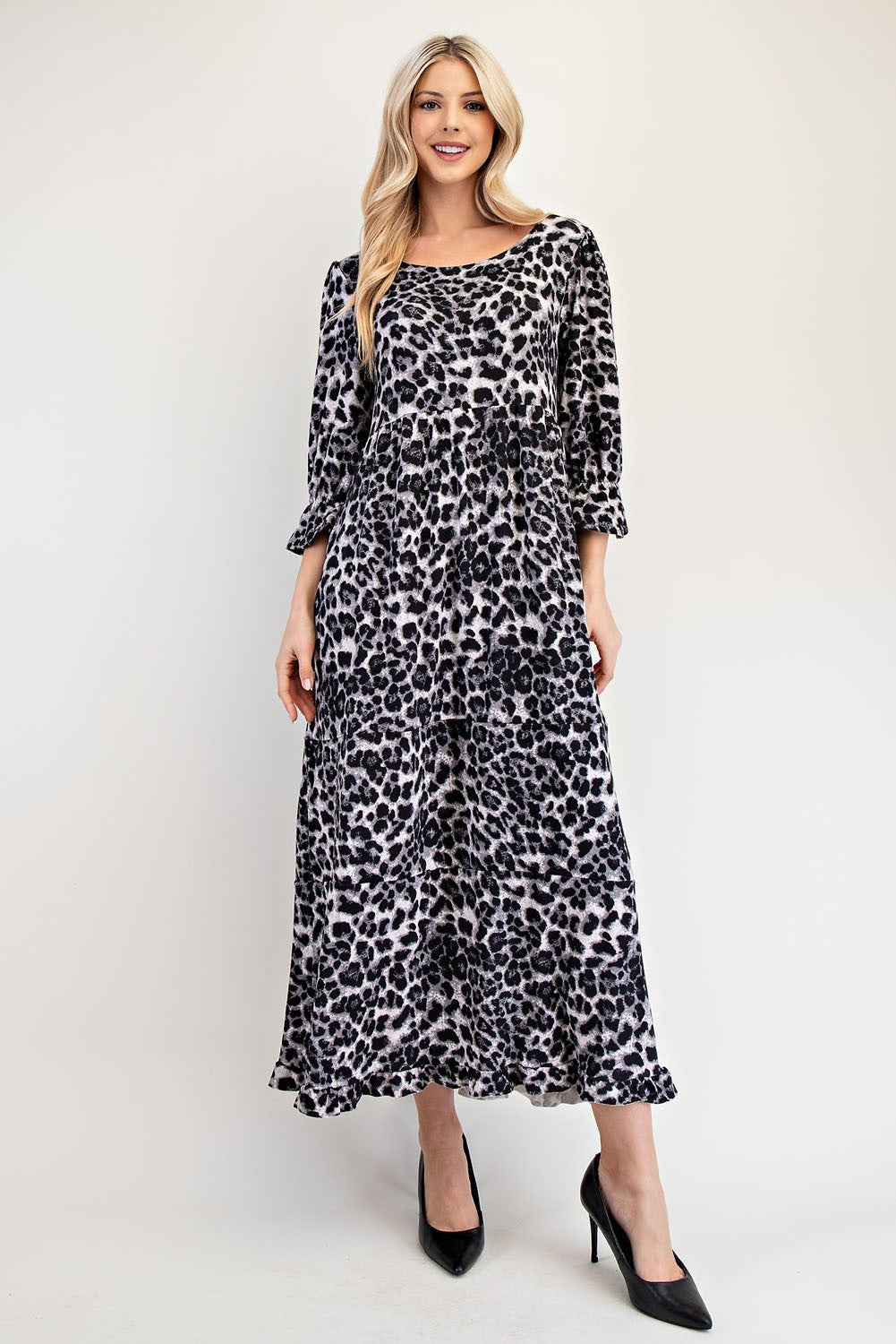 Celeste Full Size Leopard Round Neck Flounce Sleeve Dress