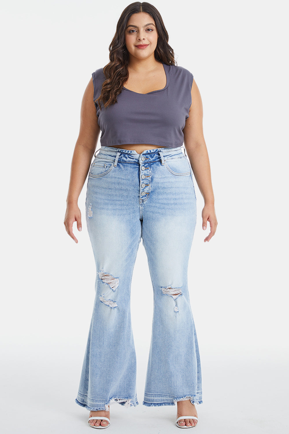 BAYEAS Full Size Distressed Raw Hem High Waist Flare Jeans