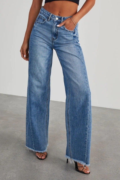 Raw Hem Wide Leg Jeans with Pockets