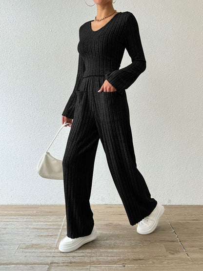 Ribbed V-Neck Long Sleeve Top and Pocketed Pants Set