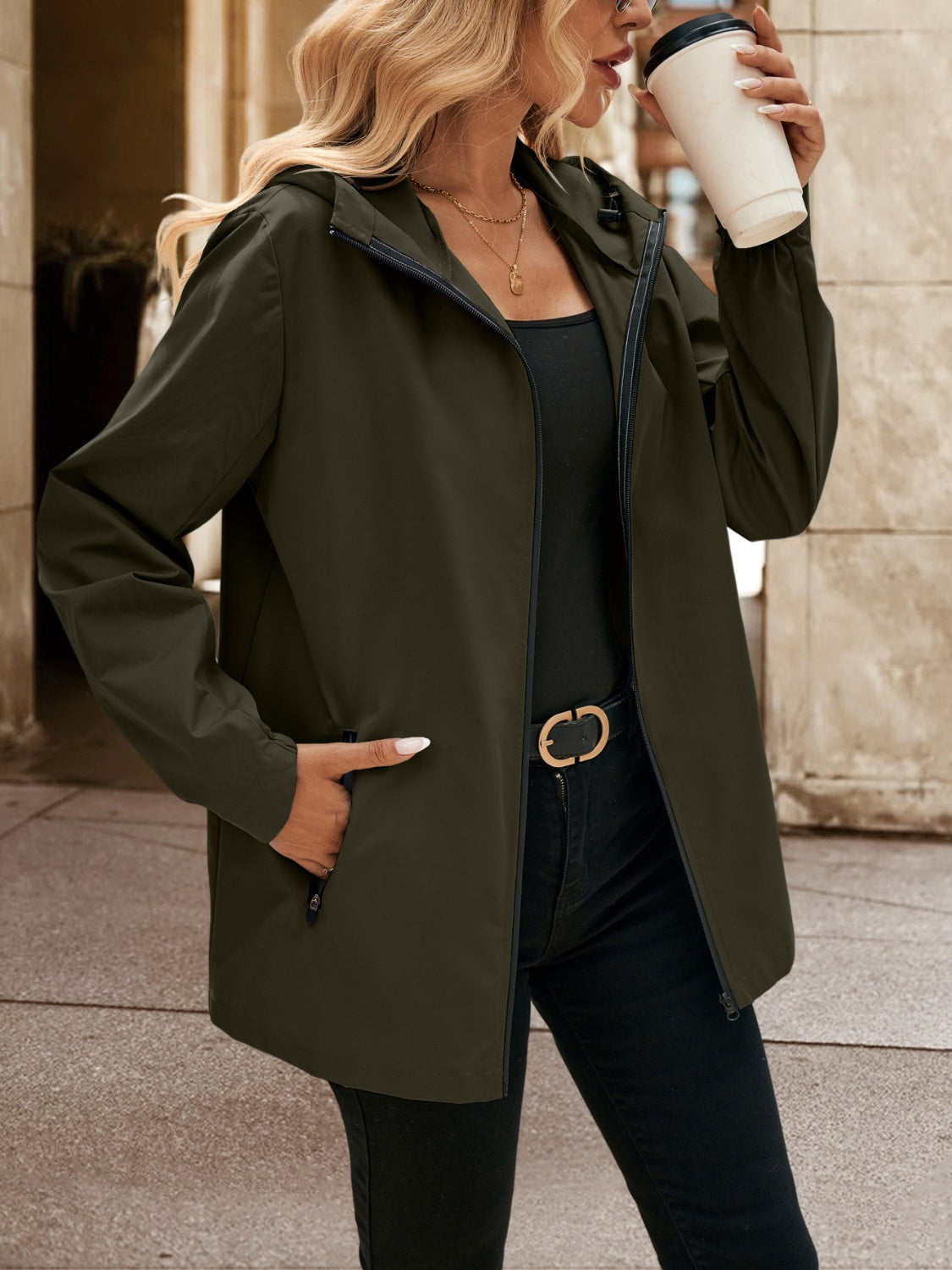 Ivy Lane Pocketed Zip Up Hooded Jacket