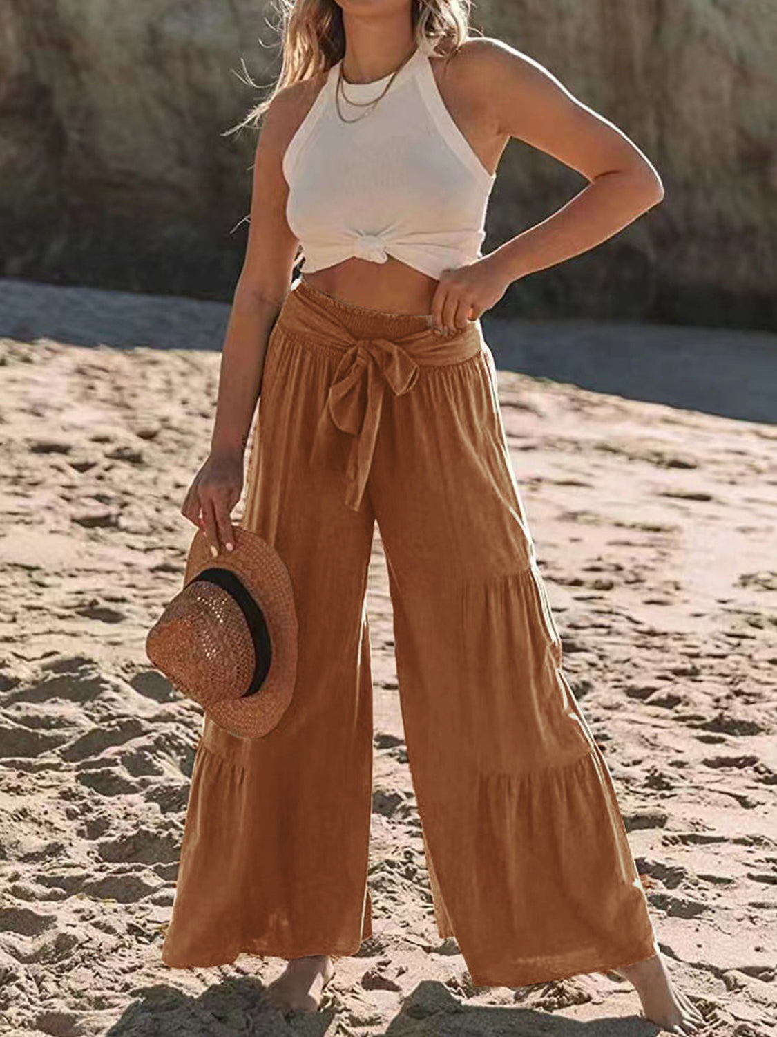 Tied Ruched Wide Leg Pants