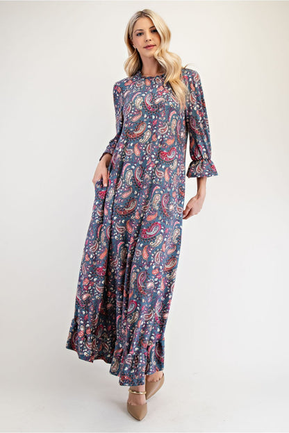 Celeste Full Size Ruffle Hem Paisley Round Neck Dress