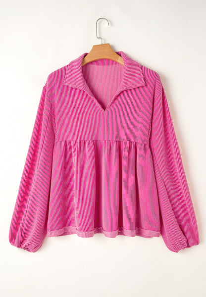 Corded Johnny Collar Long Sleeve Babydoll Blouse