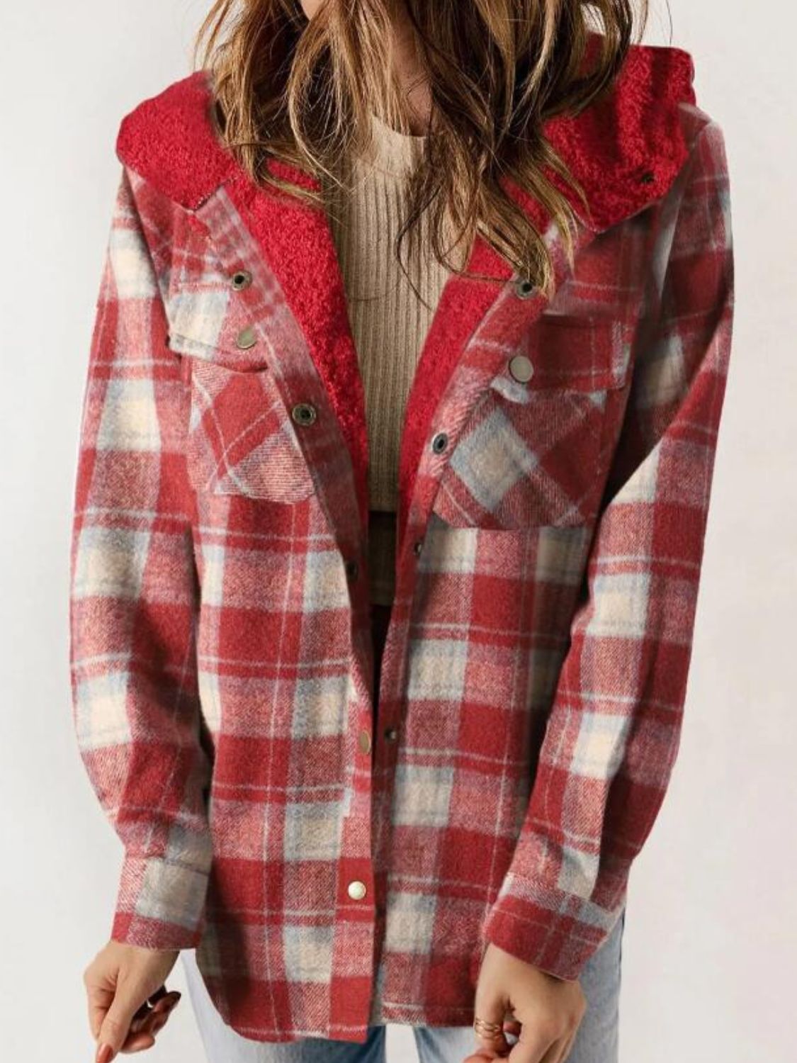 Plaid Snap Down Plush Hooded Jacket