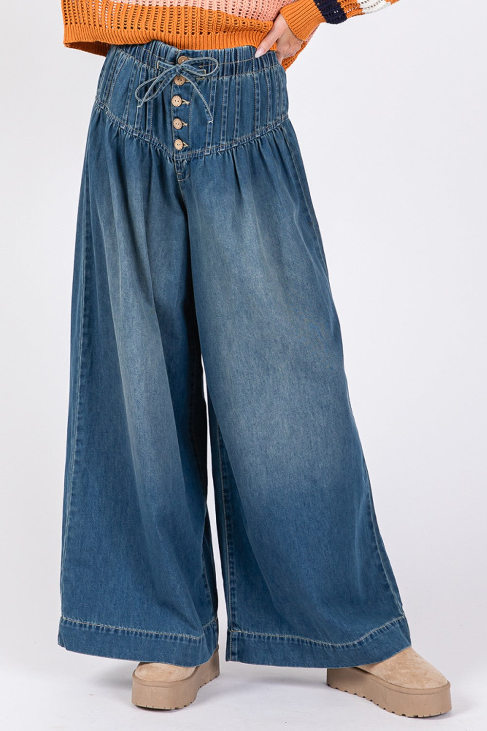 SAGE+FIG Smocked Waist Band Wide Leg Jeans