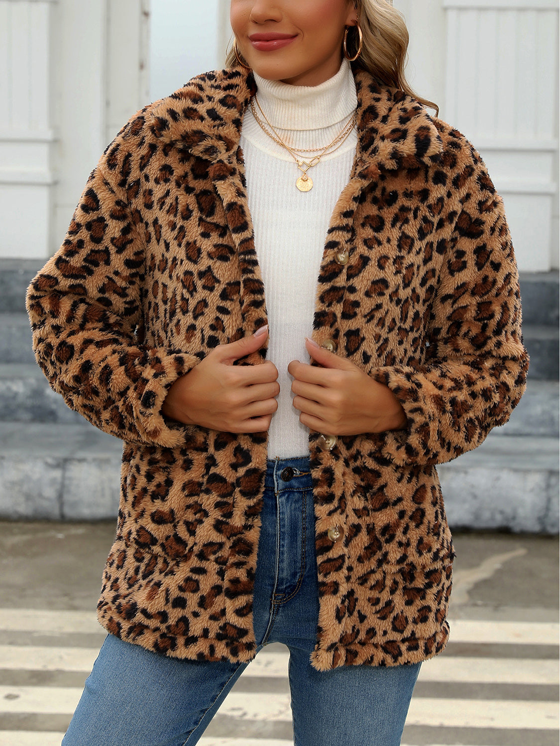 Button Up Drop Shoulder Fuzzy Jacket